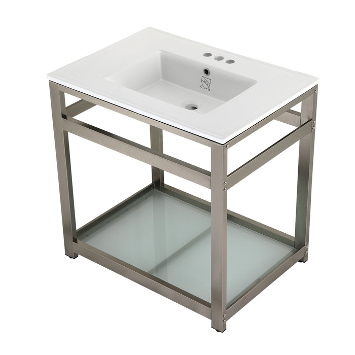 Kingston Sona VWP3122W4B8 - Quadras 31-Inch Ceramic Console Sink with Steel Base and Glass Shelf (4-Inch, 3-Hole), White/Brushed Nickel