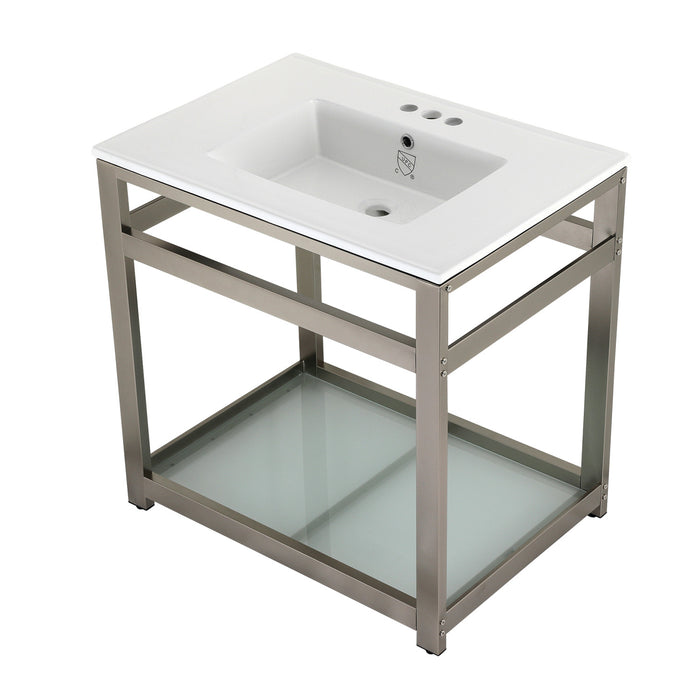 Fauceture VWP3122W4B8 31-Inch Ceramic Console Sink Set, White/Brushed Nickel
