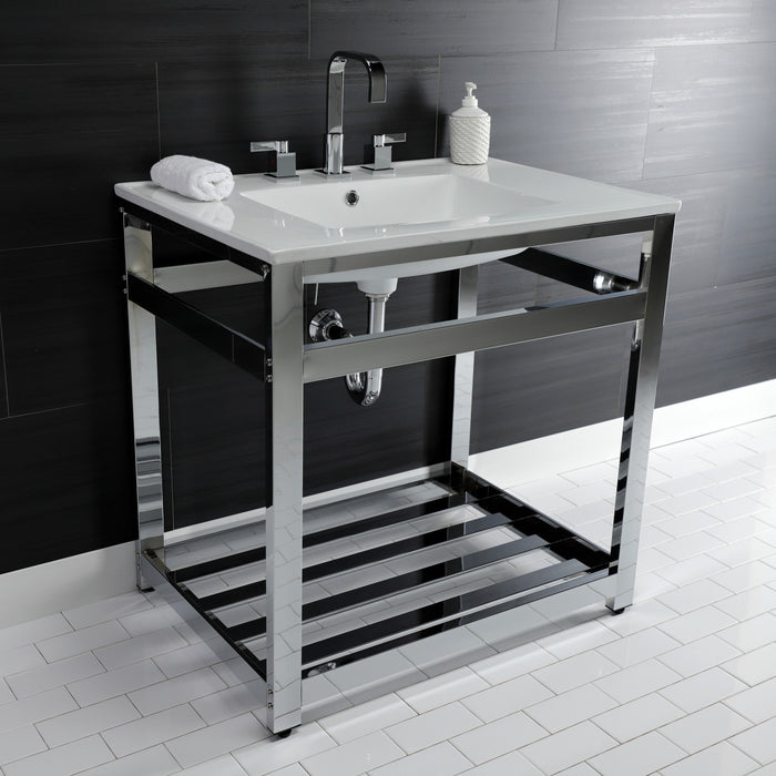 Kingston Sona VWP3122W8A1 - Quadras 31-Inch Ceramic Console Sink with Steel Base and Shelf (8-Inch, 3-Hole), White/Chrome