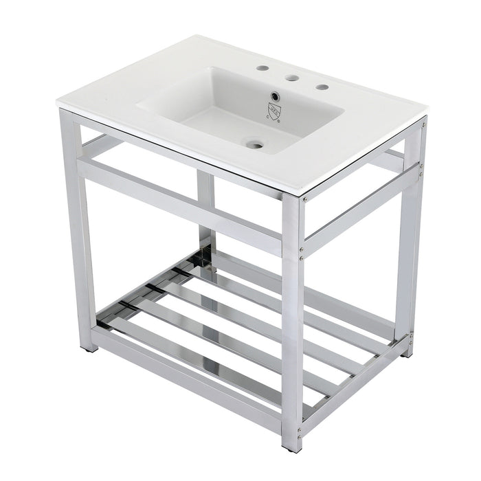 Kingston Sona VWP3122W8A1 - Quadras 31-Inch Ceramic Console Sink with Steel Base and Shelf (8-Inch, 3-Hole), White/Chrome