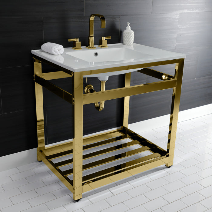 Kingston Sona VWP3122W8A2 - Quadras 31-Inch Ceramic Console Sink with Steel Base and Shelf (8-Inch, 3-Hole), White/Polished Brass