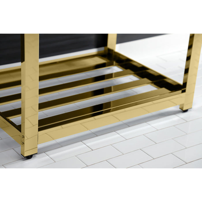 Kingston Sona VWP3122W8A2 - Quadras 31-Inch Ceramic Console Sink with Steel Base and Shelf (8-Inch, 3-Hole), White/Polished Brass