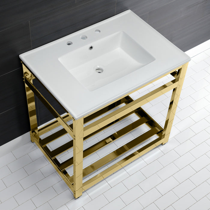 Kingston Sona VWP3122W8A2 - Quadras 31-Inch Ceramic Console Sink with Steel Base and Shelf (8-Inch, 3-Hole), White/Polished Brass