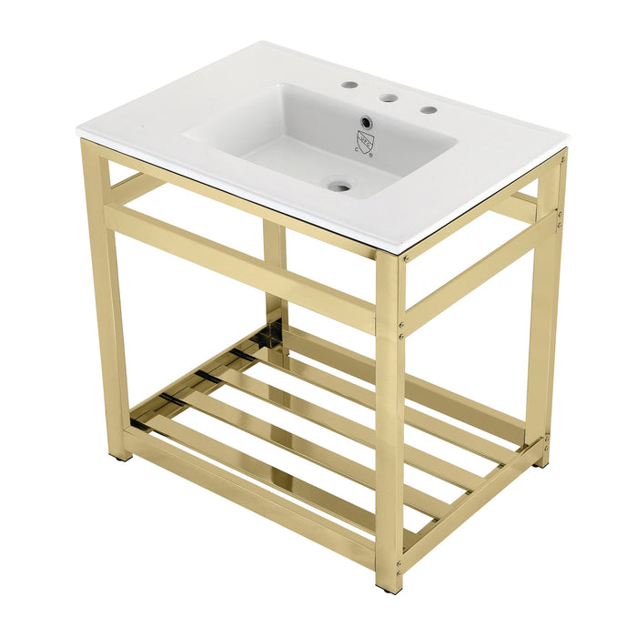 Kingston Sona VWP3122W8A2 - Quadras 31-Inch Ceramic Console Sink with Steel Base and Shelf (8-Inch, 3-Hole), White/Polished Brass