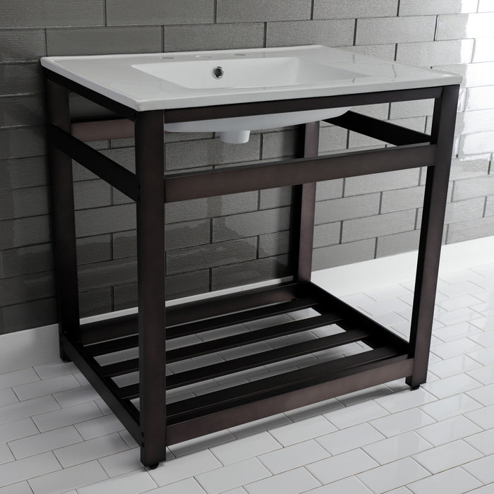 Kingston Sona VWP3122W8A5 - Quadras 31-Inch Ceramic Console Sink with Steel Base and Shelf (8-Inch, 3-Hole), White/Oil Rubbed Bronze