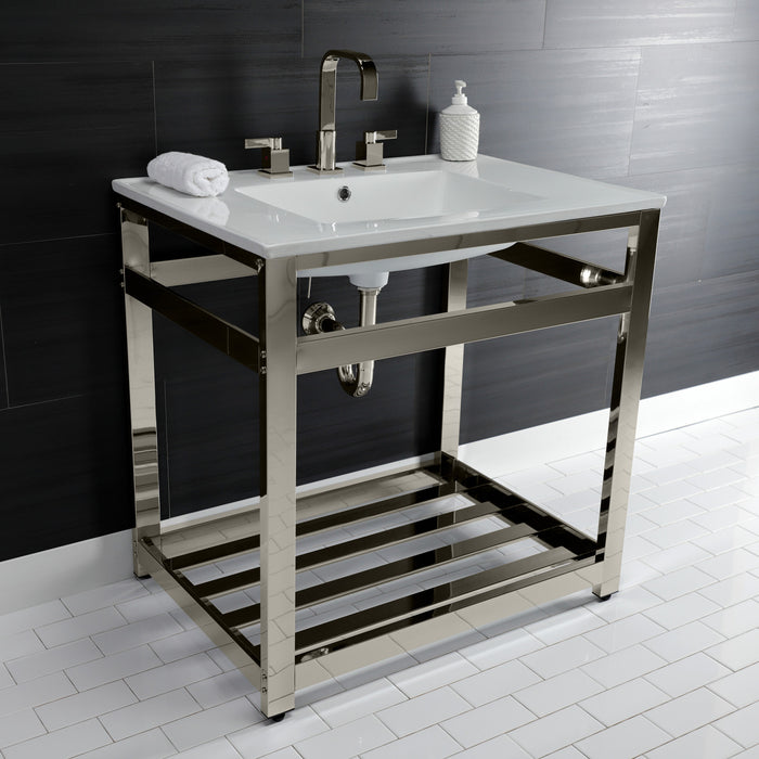 Kingston Sona VWP3122W8A6 - Quadras 31-Inch Ceramic Console Sink with Steel Base and Shelf (8-Inch, 3-Hole), White/Polished Nickel