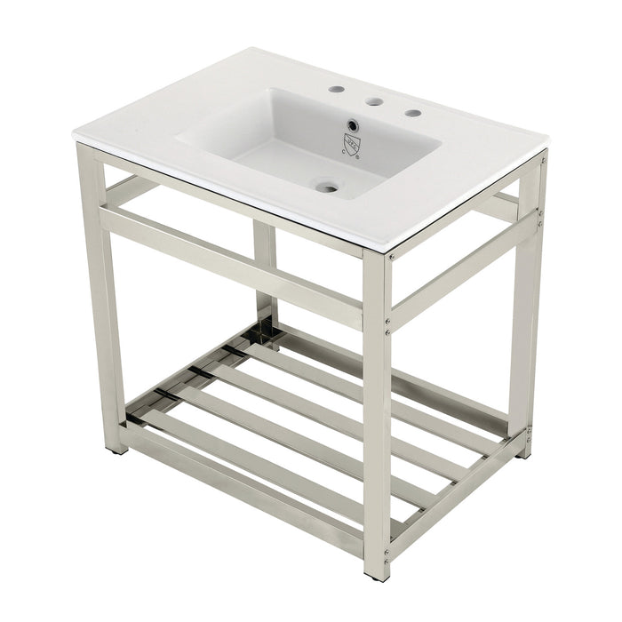 Kingston Sona VWP3122W8A6 - Quadras 31-Inch Ceramic Console Sink with Steel Base and Shelf (8-Inch, 3-Hole), White/Polished Nickel