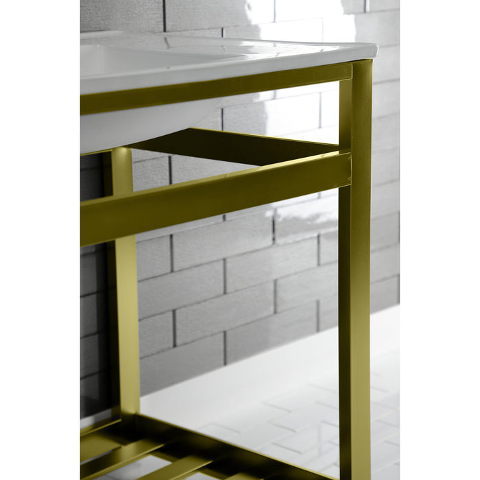 Kingston Sona VWP3122W8A7 - Quadras 31-Inch Ceramic Console Sink with Steel Base and Shelf (8-Inch, 3-Hole), White/Brushed Brass