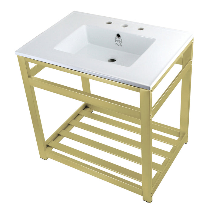 Kingston Sona VWP3122W8A7 - Quadras 31-Inch Ceramic Console Sink with Steel Base and Shelf (8-Inch, 3-Hole), White/Brushed Brass