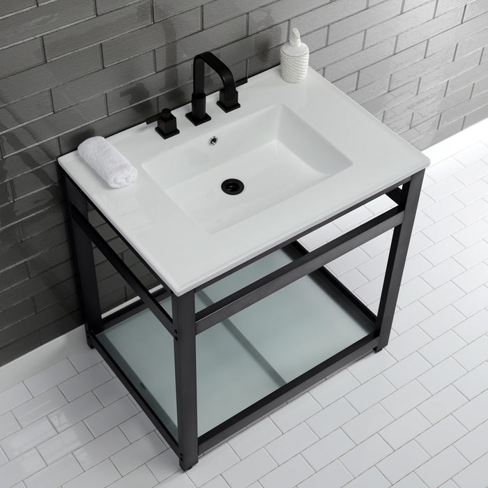 Quadras VWP3122W8B0 31-Inch Ceramic Console Sink with Steel Base and Glass Shelf (8-Inch, 3-Hole), White/Matte Black