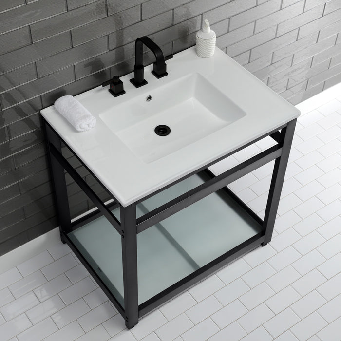 Fauceture VWP3122W8B0 31-Inch Ceramic Console Sink Set, White/Matte Black