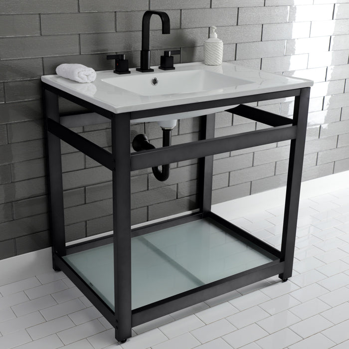 Quadras VWP3122W8B0 31-Inch Ceramic Console Sink with Steel Base and Glass Shelf (8-Inch, 3-Hole), White/Matte Black