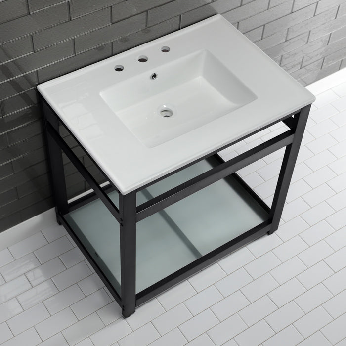 Quadras VWP3122W8B0 31-Inch Ceramic Console Sink with Steel Base and Glass Shelf (8-Inch, 3-Hole), White/Matte Black