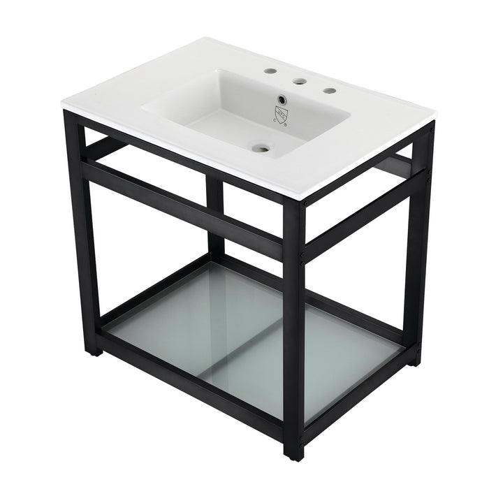 Quadras VWP3122W8B0 31-Inch Ceramic Console Sink with Steel Base and Glass Shelf (8-Inch, 3-Hole), White/Matte Black
