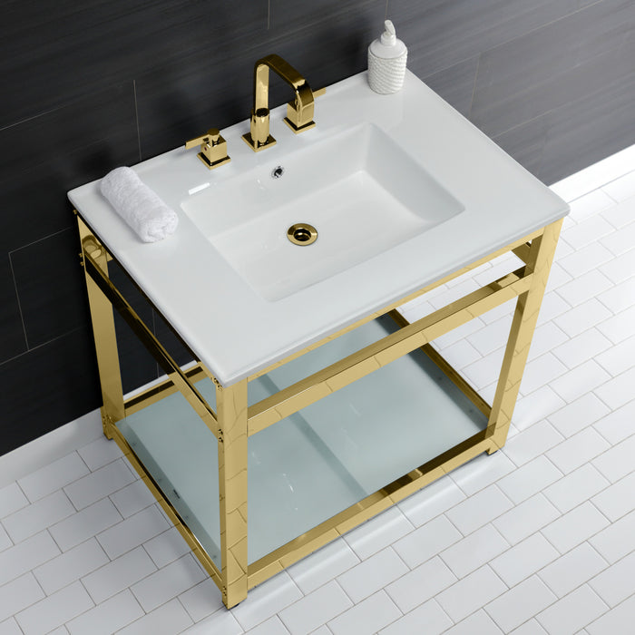 Kingston Sona VWP3122W8B2 - Quadras 31-Inch Ceramic Console Sink with Steel Base and Glass Shelf (8-Inch, 3-Hole), White/Polished Brass