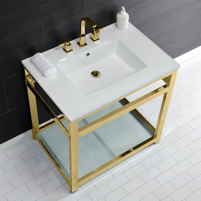 Fauceture VWP3122W8B2 31-Inch Ceramic Console Sink Set, White/Polished Brass