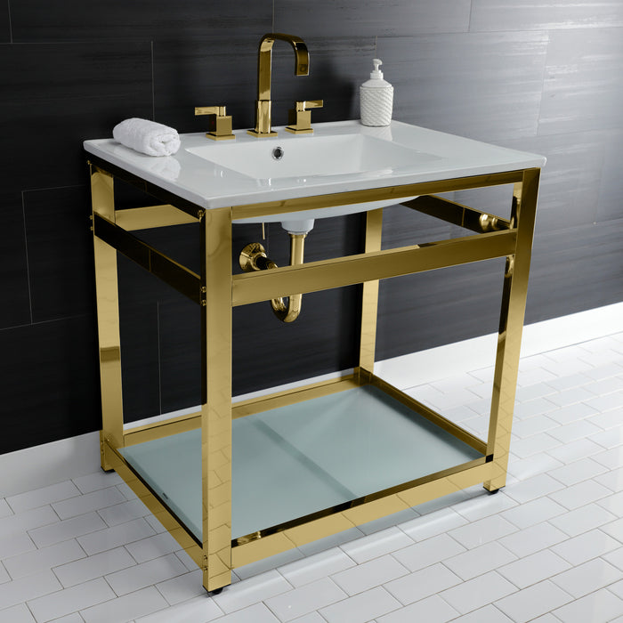 Kingston Sona VWP3122W8B2 - Quadras 31-Inch Ceramic Console Sink with Steel Base and Glass Shelf (8-Inch, 3-Hole), White/Polished Brass