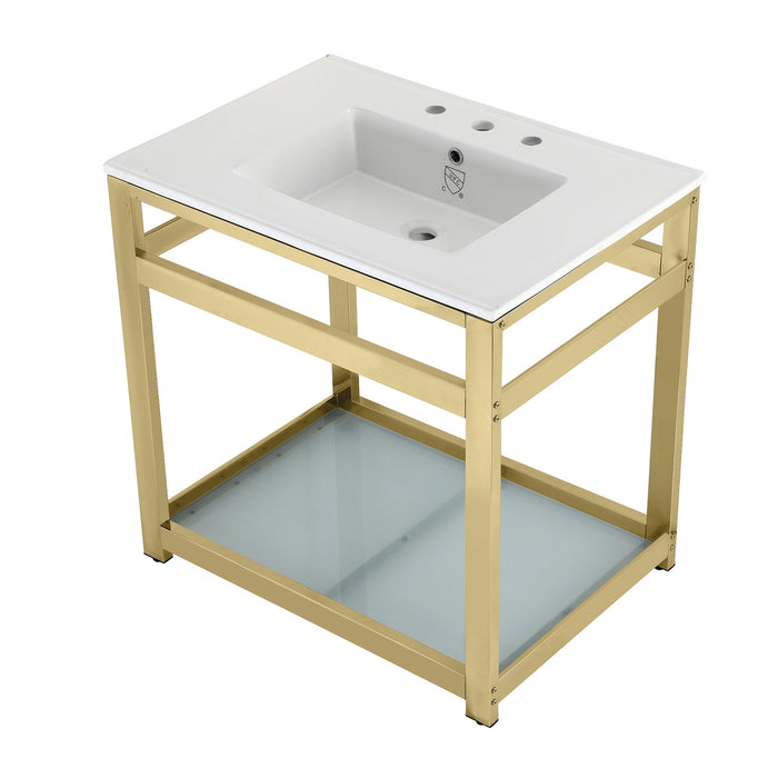 Kingston Sona VWP3122W8B2 - Quadras 31-Inch Ceramic Console Sink with Steel Base and Glass Shelf (8-Inch, 3-Hole), White/Polished Brass