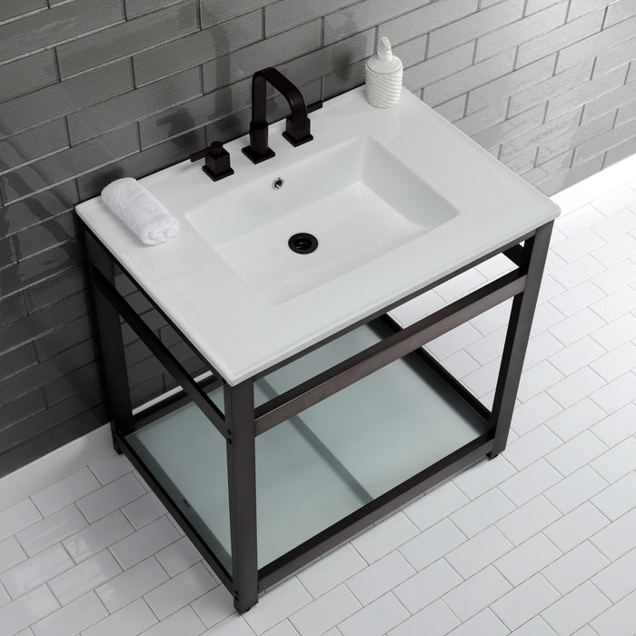 Quadras VWP3122W8B5 31-Inch Ceramic Console Sink with Steel Base and Glass Shelf (8-Inch, 3-Hole), White/Oil Rubbed Bronze