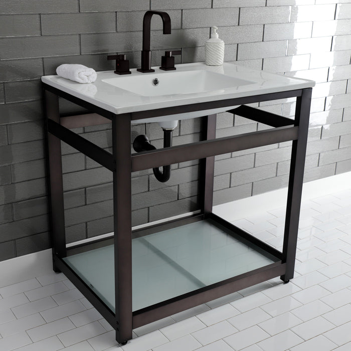 Quadras VWP3122W8B5 31-Inch Ceramic Console Sink with Steel Base and Glass Shelf (8-Inch, 3-Hole), White/Oil Rubbed Bronze