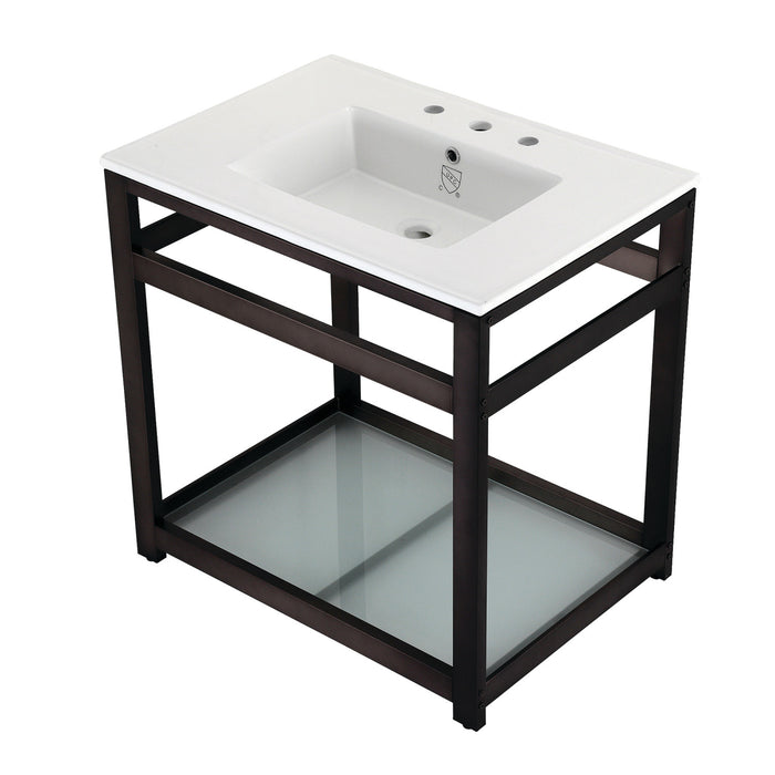 Quadras VWP3122W8B5 31-Inch Ceramic Console Sink with Steel Base and Glass Shelf (8-Inch, 3-Hole), White/Oil Rubbed Bronze