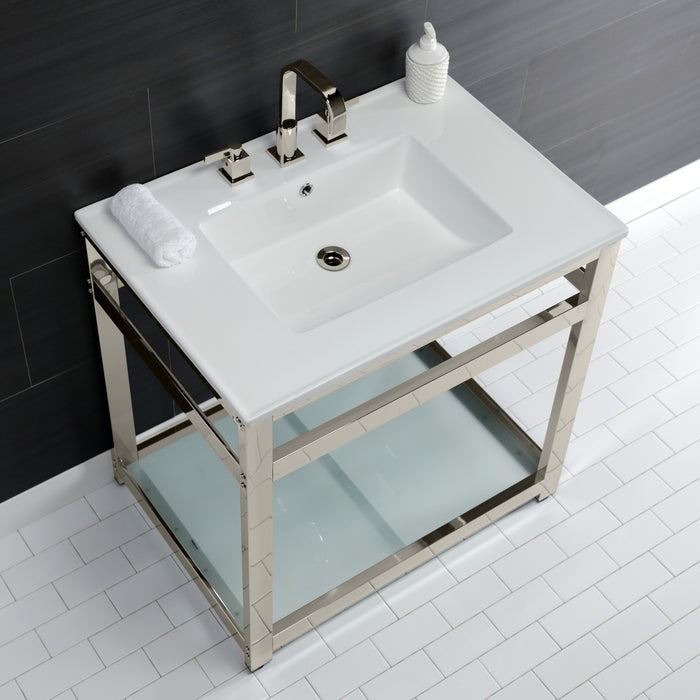 Quadras VWP3122W8B6 31-Inch Ceramic Console Sink with Steel Base and Glass Shelf (8-Inch, 3-Hole), White/Polished Nickel