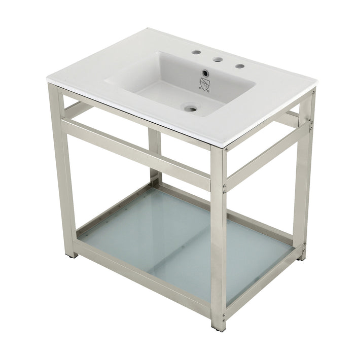 Quadras VWP3122W8B6 31-Inch Ceramic Console Sink with Steel Base and Glass Shelf (8-Inch, 3-Hole), White/Polished Nickel