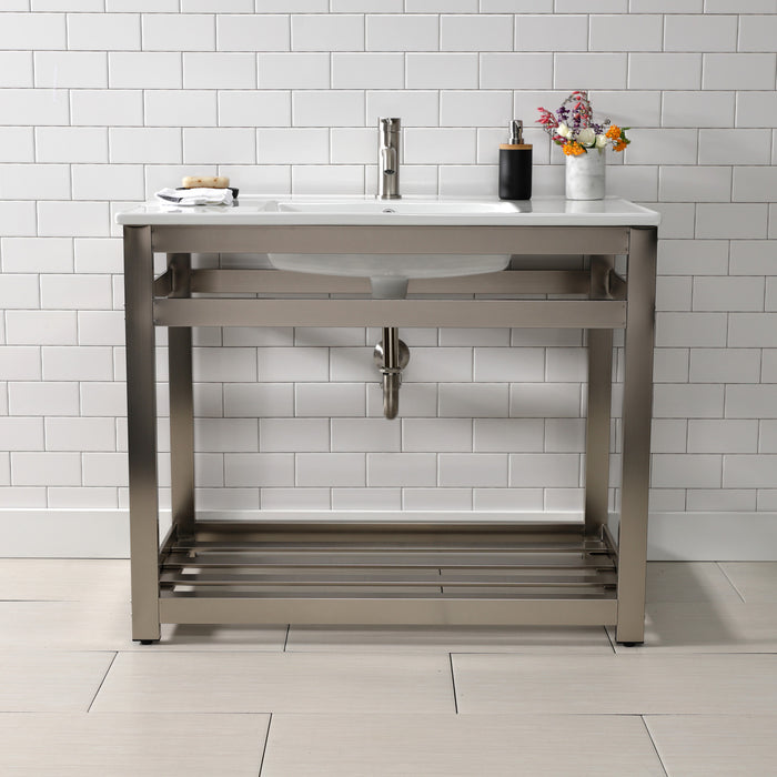 Quadras VWP3722A8 37-Inch Ceramic Console Sink with Steel Base and Shelf (1-Hole), White/Brushed Nickel