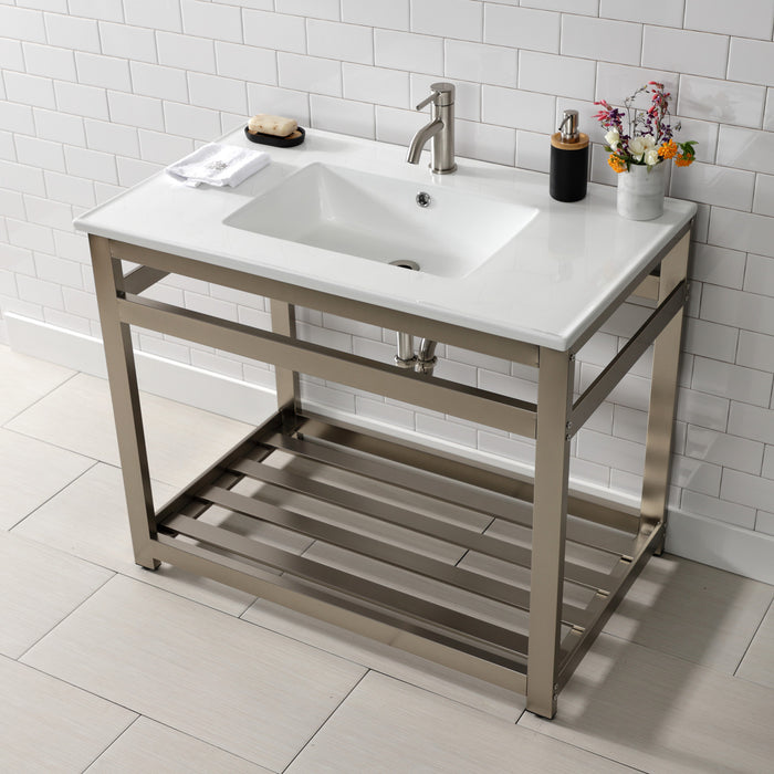 Quadras VWP3722A8 37-Inch Ceramic Console Sink with Steel Base and Shelf (1-Hole), White/Brushed Nickel