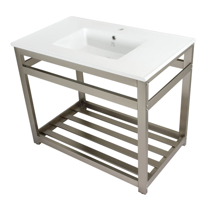 Quadras VWP3722A8 37-Inch Ceramic Console Sink with Steel Base and Shelf (1-Hole), White/Brushed Nickel
