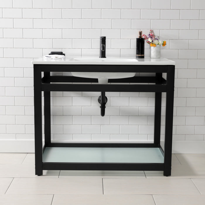 Kingston Quadras VWP3722B0 37-Inch Ceramic Console Sink with Steel Base and Glass Shelf (1-Hole), White/Matte Black