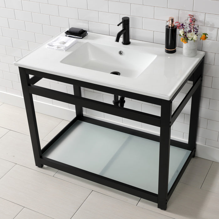 Kingston Quadras VWP3722B0 37-Inch Ceramic Console Sink with Steel Base and Glass Shelf (1-Hole), White/Matte Black