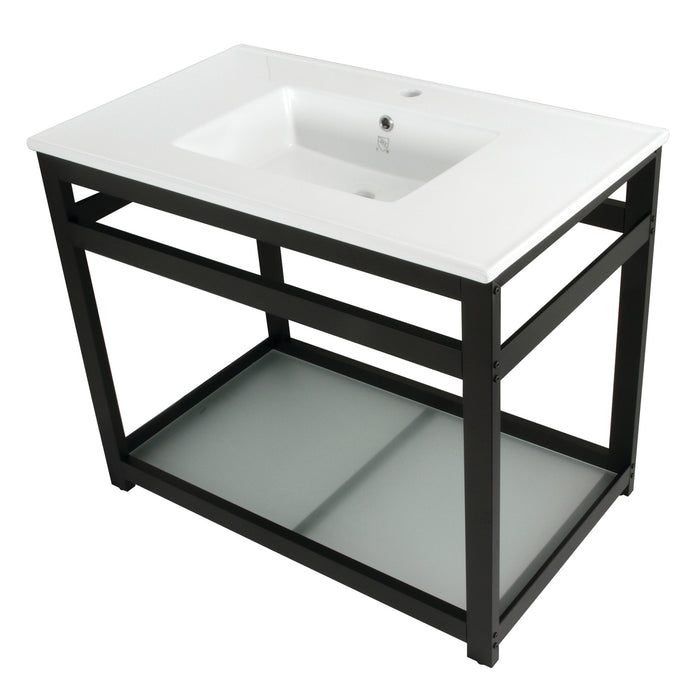 Kingston Quadras VWP3722B0 37-Inch Ceramic Console Sink with Steel Base and Glass Shelf (1-Hole), White/Matte Black