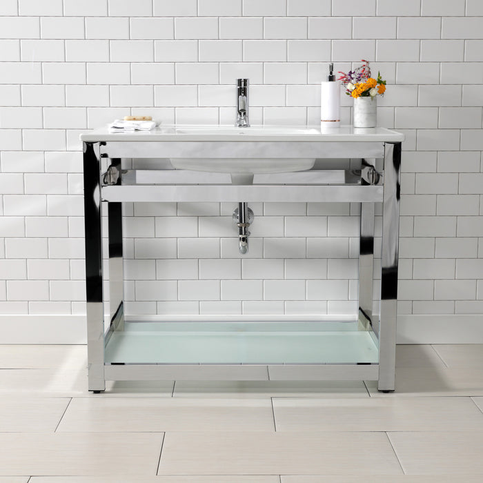Kingston Quadras VWP3722B1 37-Inch Ceramic Console Sink with Steel Base and Glass Shelf (1-Hole), White/Polished Chrome
