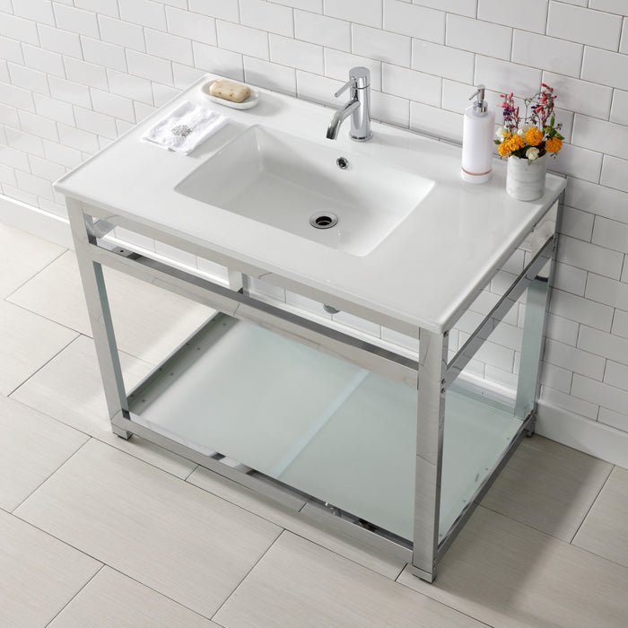 Kingston Quadras VWP3722B1 37-Inch Ceramic Console Sink with Steel Base and Glass Shelf (1-Hole), White/Polished Chrome