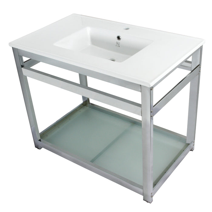 Kingston Quadras VWP3722B1 37-Inch Ceramic Console Sink with Steel Base and Glass Shelf (1-Hole), White/Polished Chrome