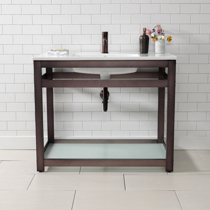 Kingston Quadras VWP3722B5 37-Inch Ceramic Console Sink with Steel Base and Glass Shelf (1-Hole), White/Oil Rubbed Bronze