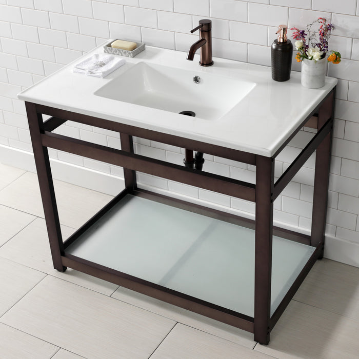 Kingston Quadras VWP3722B5 37-Inch Ceramic Console Sink with Steel Base and Glass Shelf (1-Hole), White/Oil Rubbed Bronze