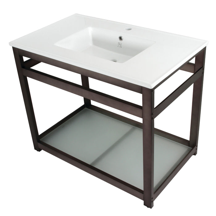 Kingston Quadras VWP3722B5 37-Inch Ceramic Console Sink with Steel Base and Glass Shelf (1-Hole), White/Oil Rubbed Bronze
