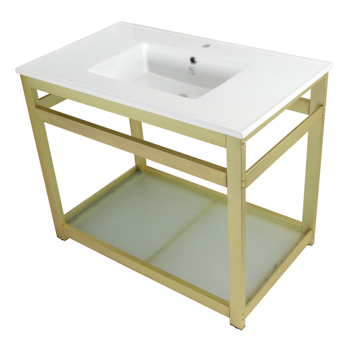 Quadras VWP3722B7 37-Inch Ceramic Console Sink Set, White/Brushed Brass