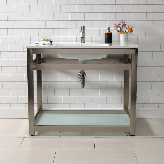 Kingston Quadras VWP3722B8 37-Inch Ceramic Console Sink with Steel Base and Glass Shelf (1-Hole), White/Brushed Nickel