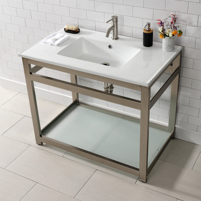 Kingston Quadras VWP3722B8 37-Inch Ceramic Console Sink with Steel Base and Glass Shelf (1-Hole), White/Brushed Nickel