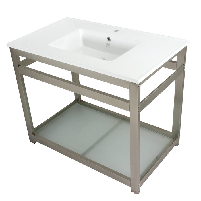 Kingston Quadras VWP3722B8 37-Inch Ceramic Console Sink with Steel Base and Glass Shelf (1-Hole), White/Brushed Nickel