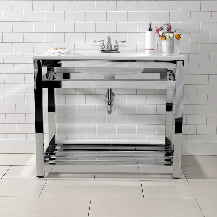 Quadras VWP3722W4A1 37-Inch Ceramic Console Sink with Steel Base and Shelf (4-Inch, 3-Hole), White/Polished Chrome