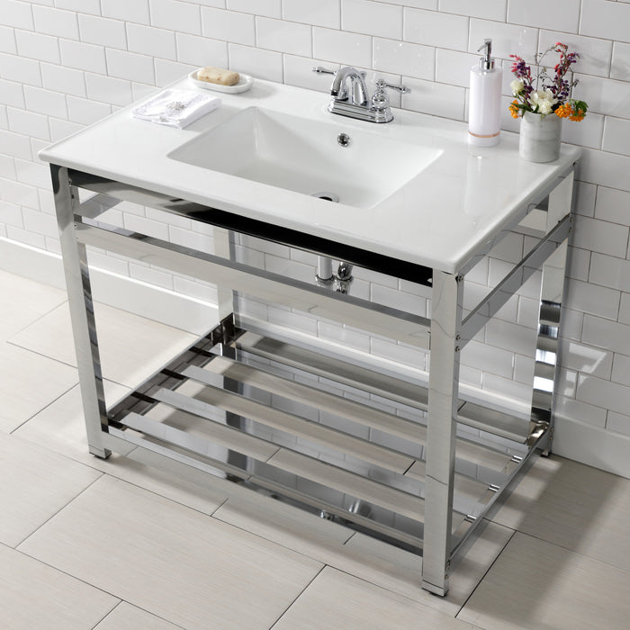 Quadras VWP3722W4A1 37-Inch Ceramic Console Sink with Steel Base and Shelf (4-Inch, 3-Hole), White/Polished Chrome