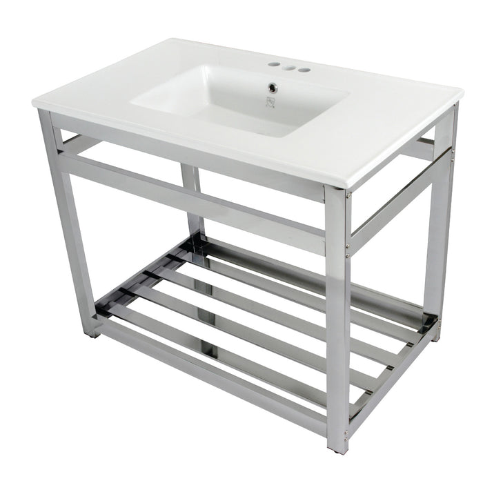 Quadras VWP3722W4A1 37-Inch Ceramic Console Sink with Steel Base and Shelf (4-Inch, 3-Hole), White/Polished Chrome