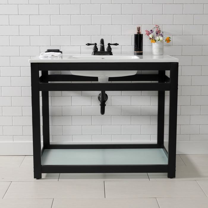 Kingston Quadras VWP3722W4B0 37-Inch Ceramic Console Sink with Steel Base and Glass Shelf (4-Inch, 3-Hole), White/Matte Black