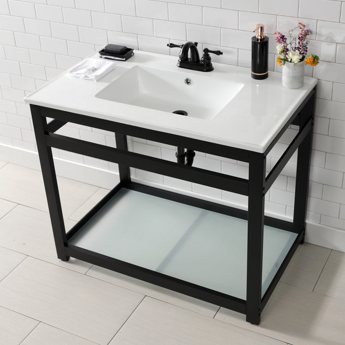 Kingston Quadras VWP3722W4B0 37-Inch Ceramic Console Sink with Steel Base and Glass Shelf (4-Inch, 3-Hole), White/Matte Black