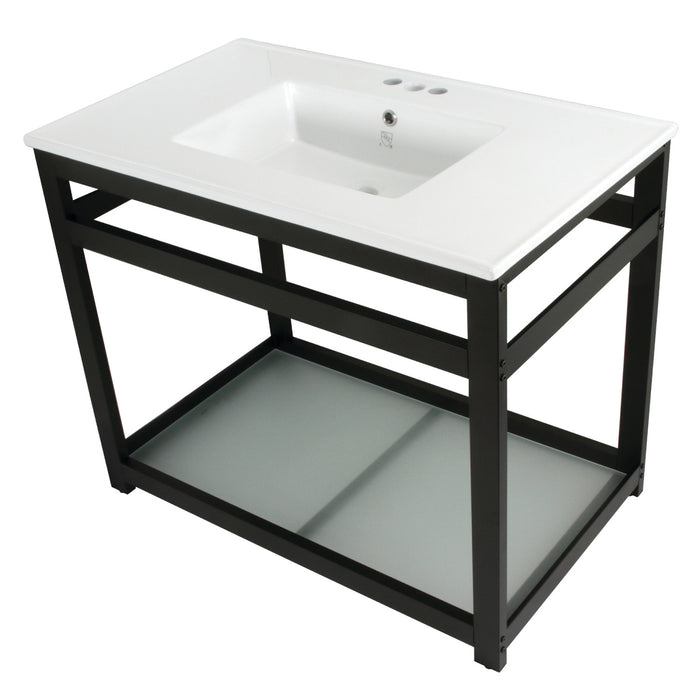 Kingston Quadras VWP3722W4B0 37-Inch Ceramic Console Sink with Steel Base and Glass Shelf (4-Inch, 3-Hole), White/Matte Black