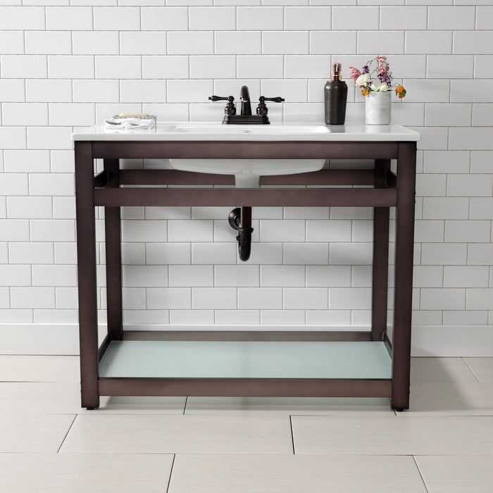 Kingston Quadras VWP3722W4B5 37-Inch Ceramic Console Sink with Steel Base and Glass Shelf (4-Inch, 3-Hole), White/Oil Rubbed Bronze